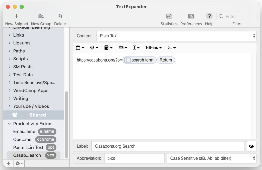 Search URL expansion in TextExpander