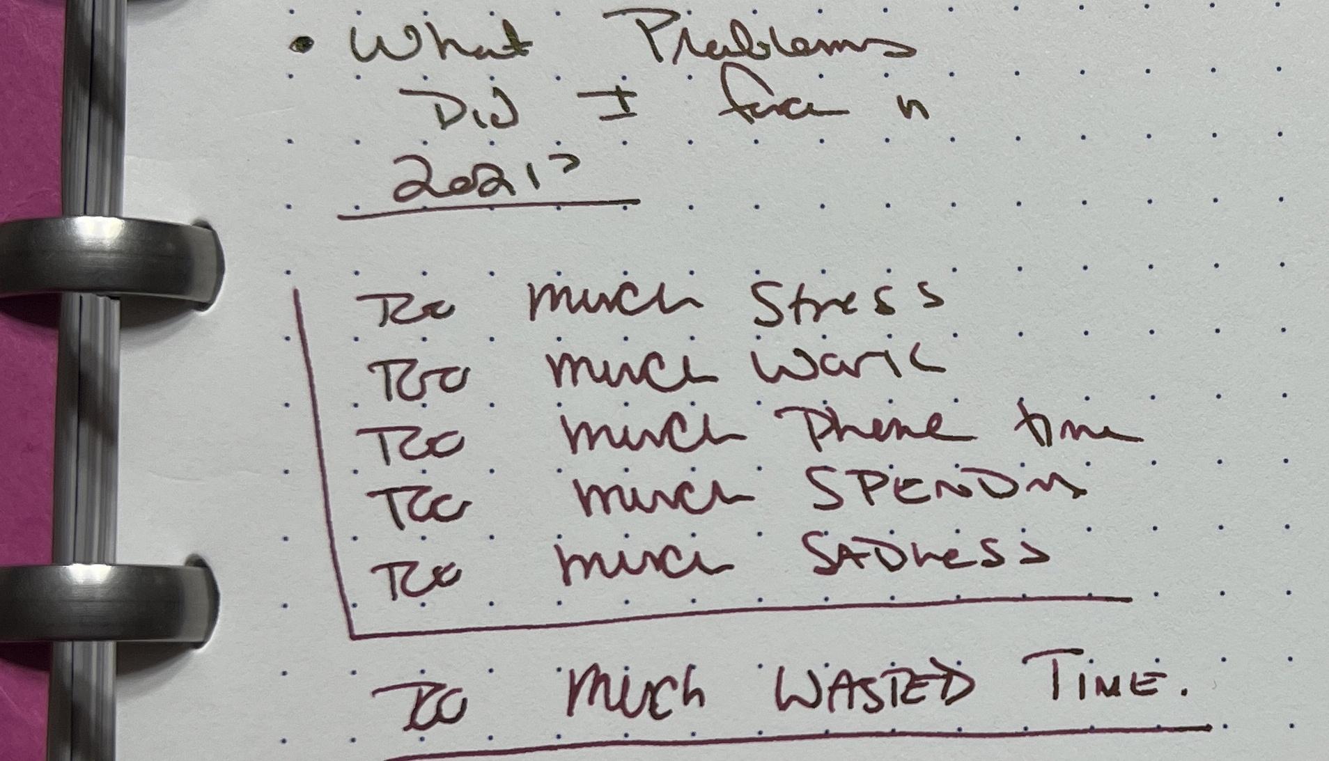 A photo of a notebook page with the text: 

What Problems did I face in 2021?
Too much stress
Too much work
Too much phone time
Too much spending
Too much sadness
Too much wasted time