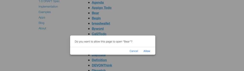 A popup in Safari asking if I want to open an x-callback-url in Bear. 
